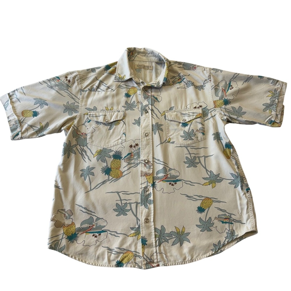 Island Republic Mens Cream Silk Floral Print Short Sleeve Snap Up Shirt Medium